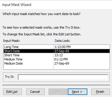 Access 2016 Foundation Page 61 If prompted to save the table, click on the Yes button. The Input Mask Wizard dialog box is displayed. Select the Short Date option, and then click on the Next button.
