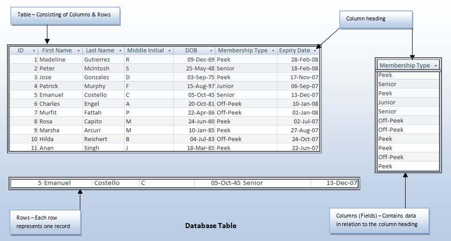 Access 2016 Foundation Page 9 What is a record (row)? A record applies to data entered into a single row of a table. All data in that row would belong to an individual or item.