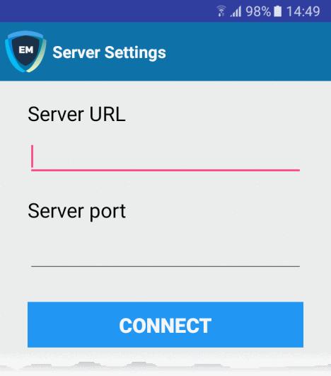 Server Settings - Table of Parameters Form Element Type Description Server URL Text Field Enter the url of the EM server contained in the device enrollment page.