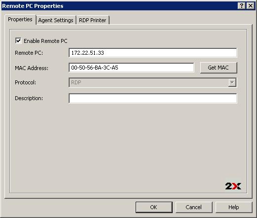 Configuring a Remote PC To access the properties of a Remote PC highlight the computer name from the navigation tree in the 2X ApplicationServer Console and click Properties from the Tasks drop down