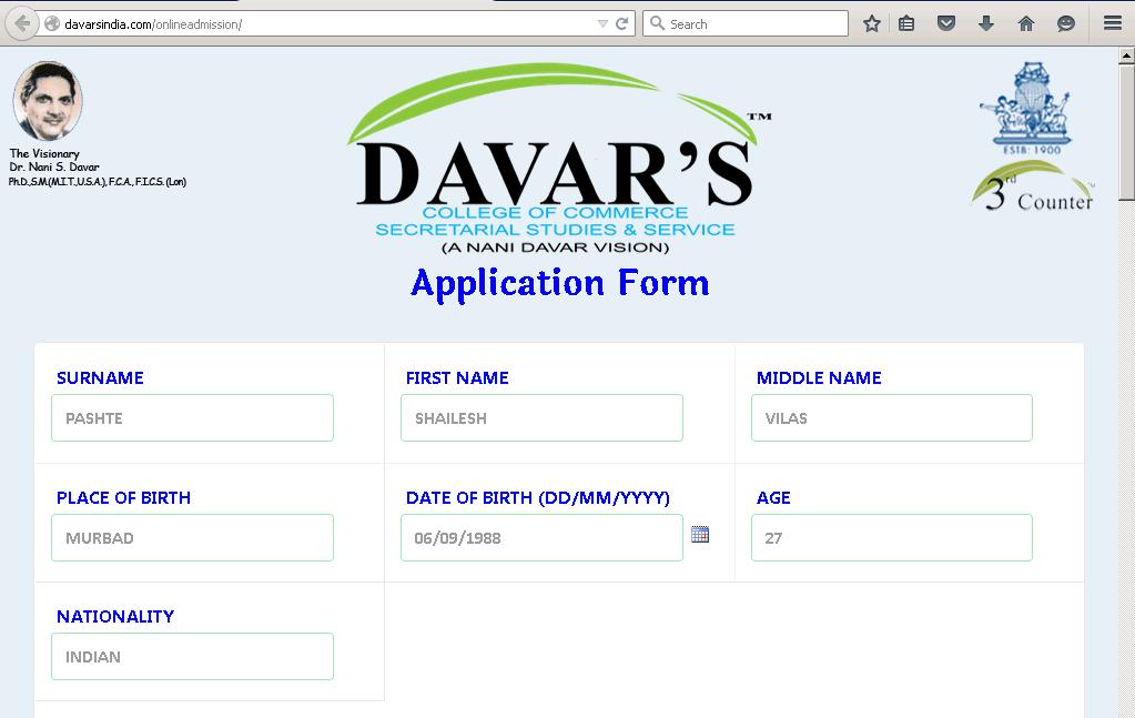 SCREEN : APPLICATION FORM TYPE : TRANSACTION DESCRIPTION : In this screen the user can enter and submit the information of their personal details such as name, date of birth, address, contact