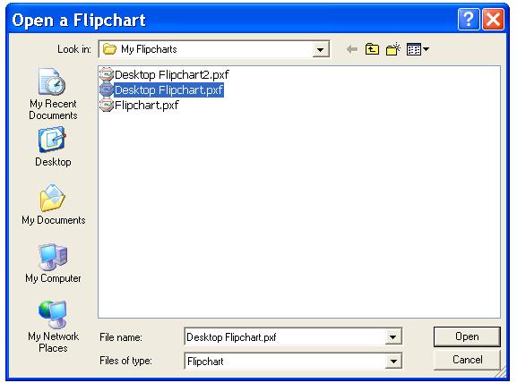 Select Open. The following dialog box will appear: Click here to navigate to the location in which you saved your file (e.g. your H drive). Click once on the flipchart name to highlight it.