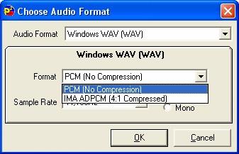 In addition you can use the Format drop down to select either PCM (No Compression) or IMA ADPCM (4:1 Compressed) for the top level audio format.