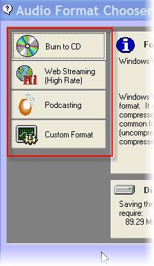 This window is used to select from the audio format and quality of the audio files to be exported, you can use one of the Pre-Defined