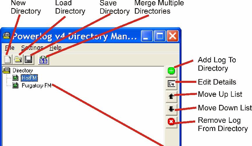 New Directory Creates a new Directory file for you to work with. Load Directory Loads a previously saved Directory file. Save Directory Saves the current Directory file.