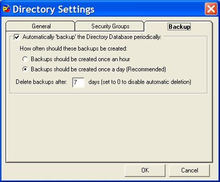 To enable PowerLog Client s automatic backup of Directory databases, tick the Automatically backup the Directory Database periodically option at the top of the tab.