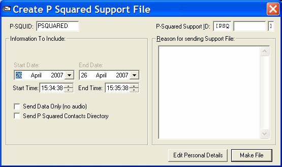 Clicking on the Create P Squared Support File option will open the Create P Squared Support File window which allows you to add in the all the information that you need in