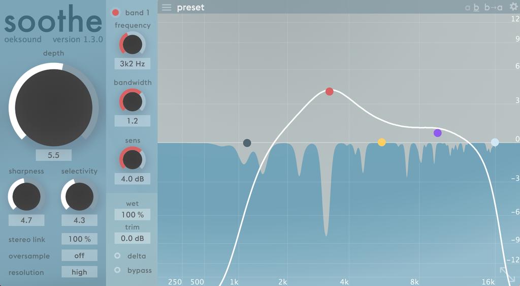 soothe has been designed with vocal processing in mind, but solves problems in a range of situations. You can think of it as an advanced de-esser, or as an automatic dynamic frequency notcher.