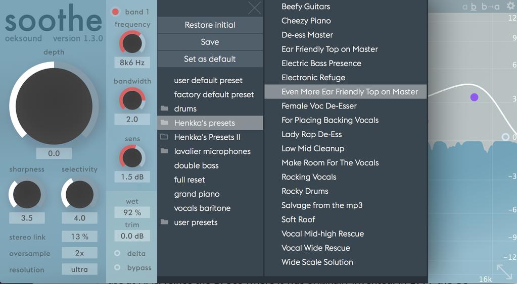 Presets soothe comes with a number of cross-format factory presets. You can access these presets from the menu that opens up from the icon shown on the right.