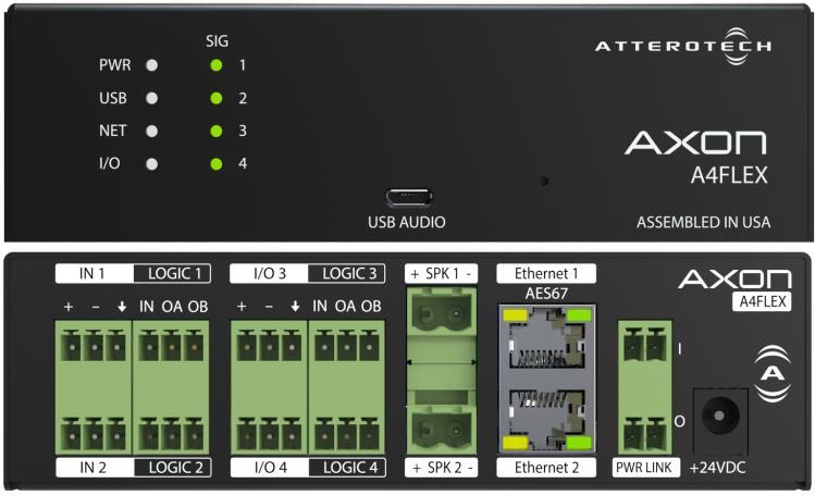 A4FLEX 4x0/3x1/2x2 Channel Mic/Line I/O AES67 Interface 2 mic/line inputs (IN 1 and 2) with 42dB gain range (1dB steps) plus input pad 2 flex I/Os (I/O 3 and 4) with mic/line inputs like IN 1 and 2