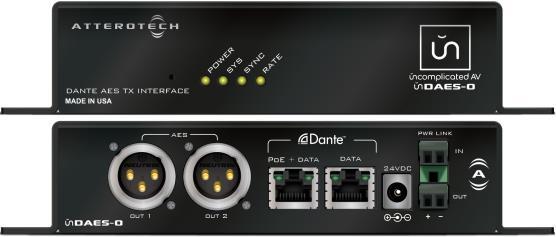 3af PoE, +9VDC - +24VDC from an external supply, or through Power Link Front panel power and system status indicators Supports Dante and AES67 P/N: undusb undaes-o 4 Channel