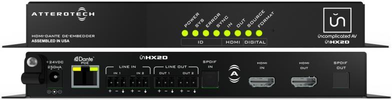HDMI audio from both HDMI sources and monitors to be bridged over the Dante network 170ms of adjustable lip sync delay on the Dante TX 1-2 audio