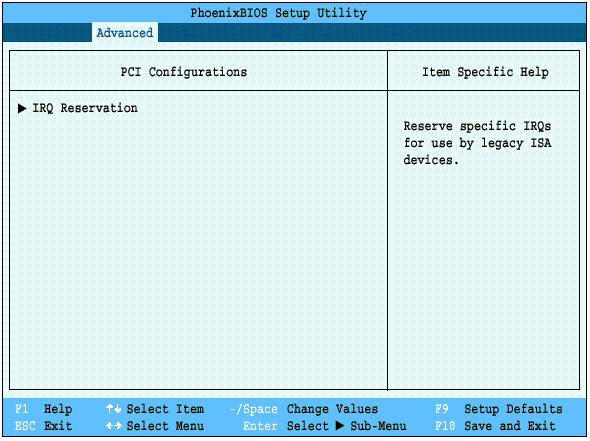 PCI Configurations Submenu of the Advanced Menu The PCI Configurations submenu allows the user to reserve specific interrupts (IRQs) for legacy ISA devices, and to enable or disable built in PCI