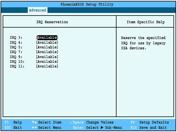 IIRQ Reservation Submenu of the PCI Configurations Submenu The IRQ Reservation submenu of the PCI Configurations submenu allows the user to mark various IRQs as reserved for use by legacy ISA devices.