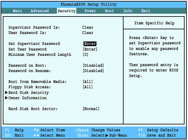 SECURITY MENU SETTING THE SECURITY FEATURES The Security menu allows you to set up the data security features of your notebook to fit your operating needs and to view the current data security