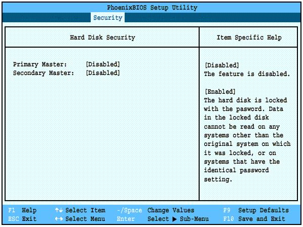 Hard Disk Security Submenu of the Security Menu The Hard Disk Security submenu is for configuring hard disk security features. Figure 14.