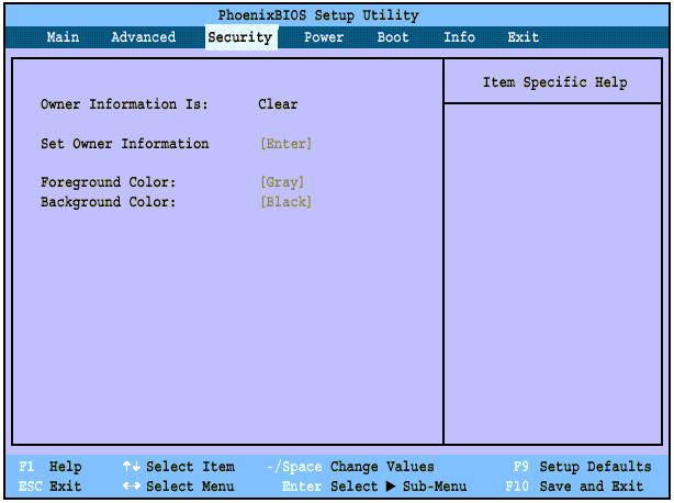 Owner Information Submenu of the Security Menu The Owner Information submenu is for setting owner information. Figure 15.