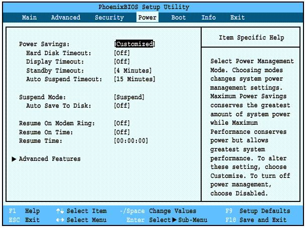 POWER MENU SETTING POWER MANAGEMENT FEATURES The Power menu allows you to set and change the power management parameters.