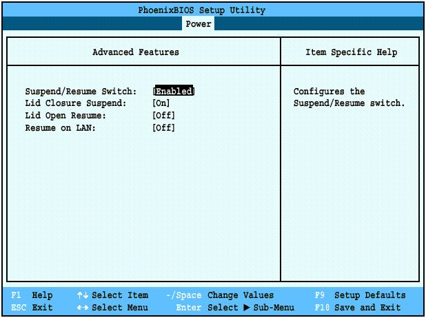 Advanced Features Submenu of the Power Menu The Advanced Features submenu is for setting some non-time related power saving parameters. Figure 17.