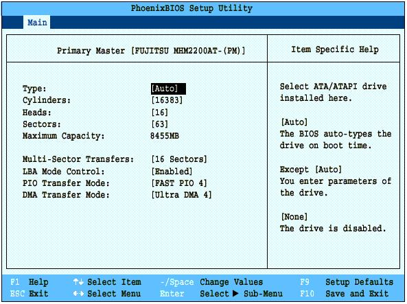 Primary Master Submenu of the Main Menu The Primary Master submenu identifies which ATA devices are installed.