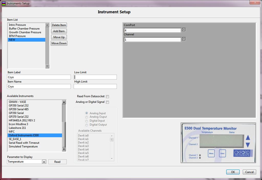 Configure - Instruments Setup screen for AMBER Instruments.