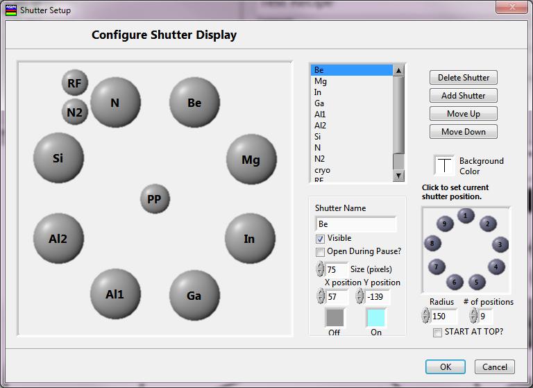 Configure Shutters Setup screen for AMBER Shutters. Add shutters in order of physical connection to shutter controller in shutter list.