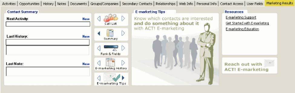 Welcome Page A new view has been added to ACT! to assist new users in getting up and running. The new view has links to common start-up tasks as well as many Help resources.
