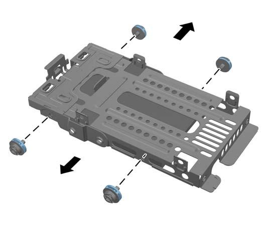 7. Pull the latch next to the lower side of the 2.5-inch hard disc drive cage away from the cage to release it, then slide the cage toward the edge of the chassis and lift it out.
