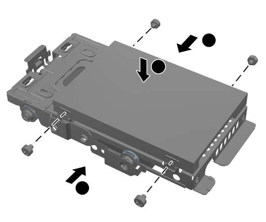3. Fasten an upper 2.5-inch hard disc drive securely in place with the four standard screws that shipped with the drive. 4. Position the 2.