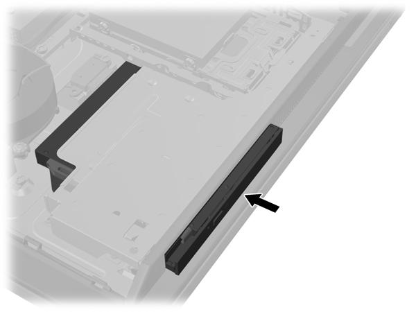 10. Align the new optical disc drive with the opening in the side of the computer. Push the drive in firmly until it snaps into place. NOTE: The optical disc drive can be installed in only one way.