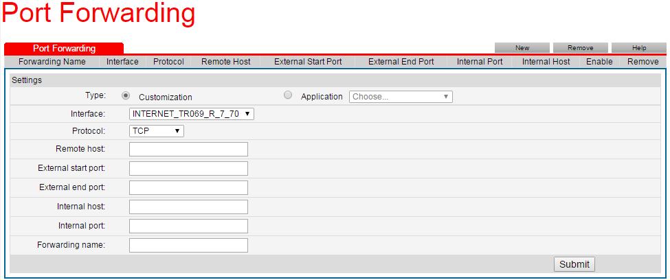 My Static IP 7 Port Forward Configuration Identify the device which you need to remote access by its internal IP and Port number from your IT Administrator 1. Click New to create a new rule. 2.