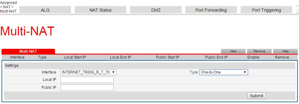 My Static IP 9 Multi-NAT Rules Multi-NAT rules allows you to access your internal devices or servers remotely by its public IP 1. Click New to create a new rule. 2.