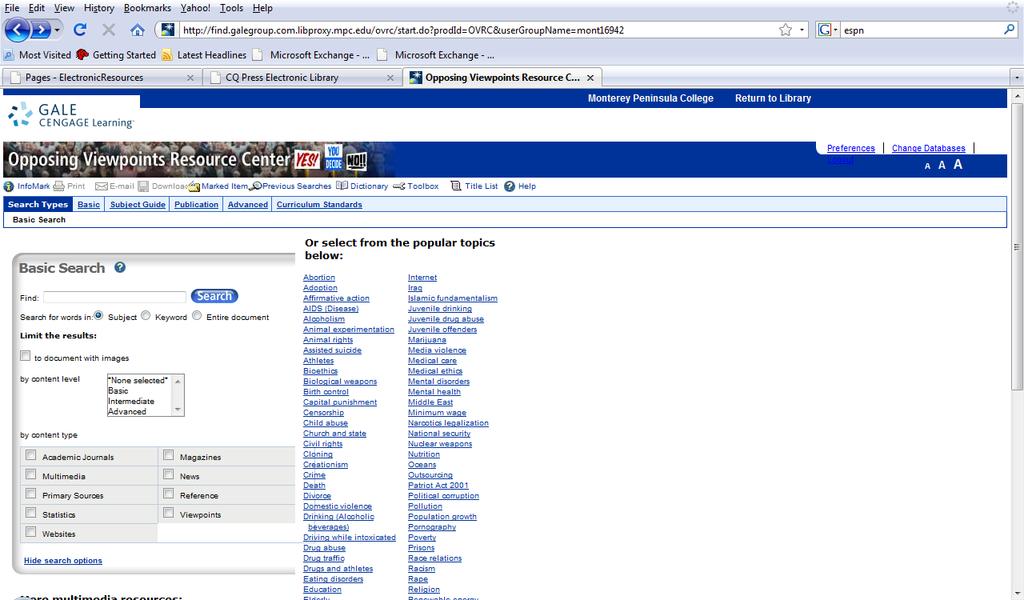 Main Search Screen Enter Search term(s) or choose from the list Options to