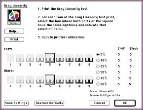 3 Calibrating the Printer Setting Gray Linearity values Use the Gray Linearity dialog box to do the following: Adjust the printer for overall lightness/darkness of all colors.