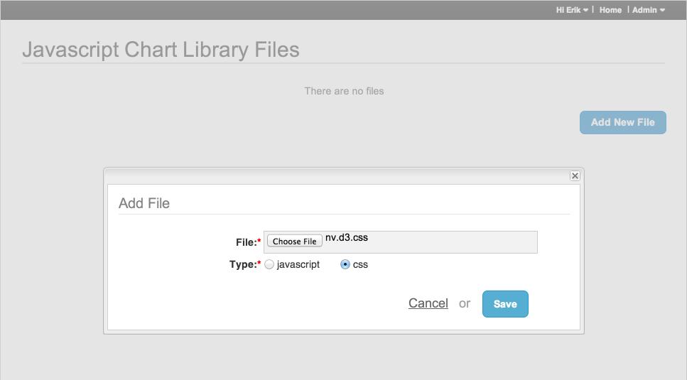 2. Javascript Chart Library Files Click Add New File to upload js and css files for use in JavaScript charting 3.