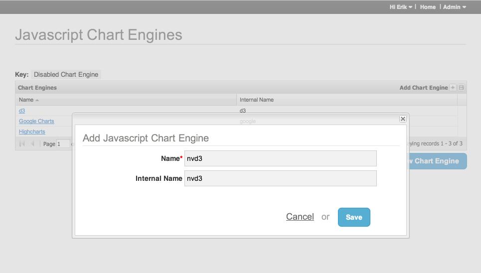 Click Add New Chart Engine. In this example we will add the nvd3 JavaScript charting code 10.