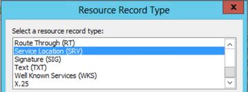 When presented with the Resource Record Type window, highlight the Service Location (SRV) then select Create Record... Next you will be presented with the "New Resource Record" pane.