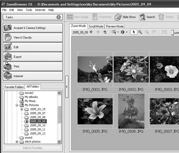 Downloading Images to the Computer 19 By default, when downloading is complete, the thumbnails (tiny versions) of the downloaded images display in ZoomBrowser EX s Main Window.