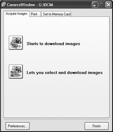 Downloading Images to the Computer 20 3 Click [Starts to download images]. You can adjust the settings, such as the type of image downloaded and the destination folder, by clicking [Preferences].