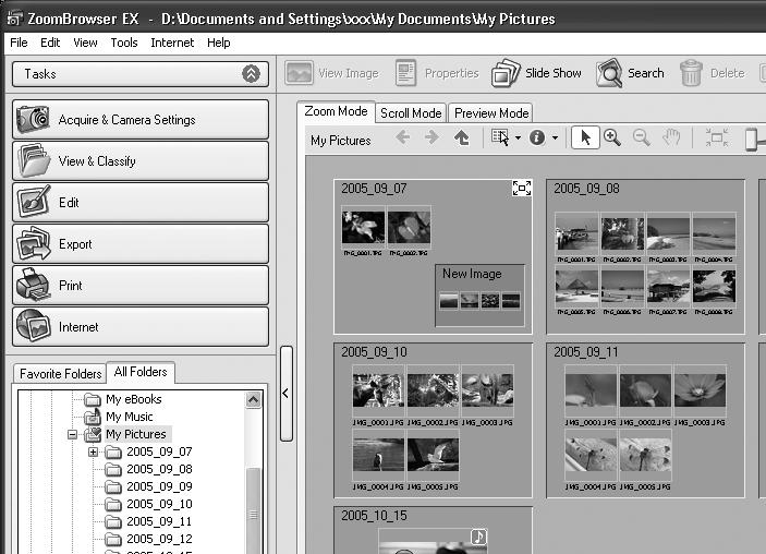 The ZoomBrowser EX Windows 29 Display Mode Selects the display style for the Browser Area. Zoom Mode Displays all the images in a folder as thumbnail images.