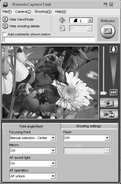 Operating the Shutter Remotely 42 RemoteCapture Task Window The RemoteCapture Task window has the following features. Shows/Hides the viewfinder or detailed settings area.