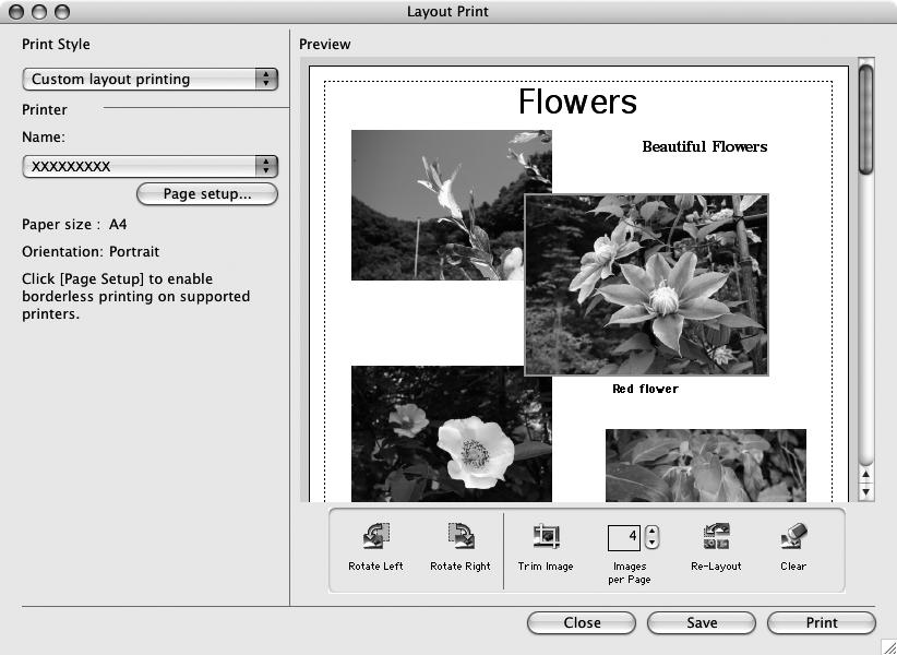 Printing Images 59 Layout Print Window Features When the [Custom layout printing] option is selected in the Layout Options window, you can freely change the size and position of the images for