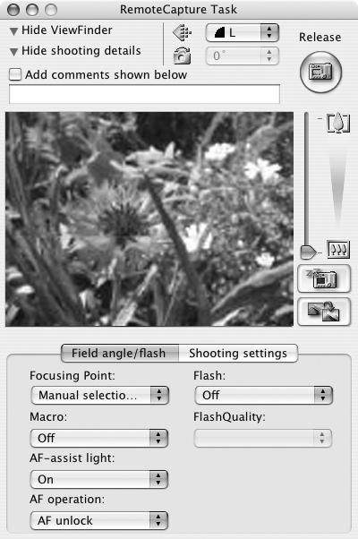 Operating the Shutter Remotely 74 RemoteCapture Task Window The RemoteCapture Task window has the following features. Shows/Hides the viewfinder or detailed settings area.
