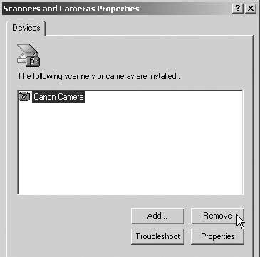 Uninstalling the Software 86 5 Delete your camera model name or [Canon Camera] in the [Scanners and Cameras Properties] dialog.