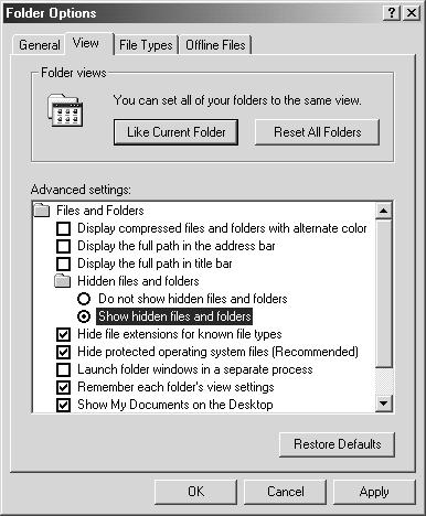3. Click the [View] tab. 4. In the [Files and Folders] category in the Advanced Settings section, set [Hidden files and folders] to [Show hidden files and folders].