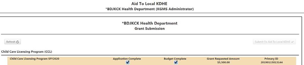 Once all applications have both check marks, the entire grant package for your agency is ready to submit to KDHE (the
