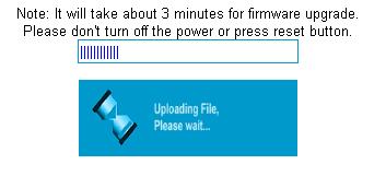 A progress bar shows the progress of the firmware upload process: WARNING: When uploading firmware to the router, do not interrupt the web browser by closing the window, clicking a link, or loading a