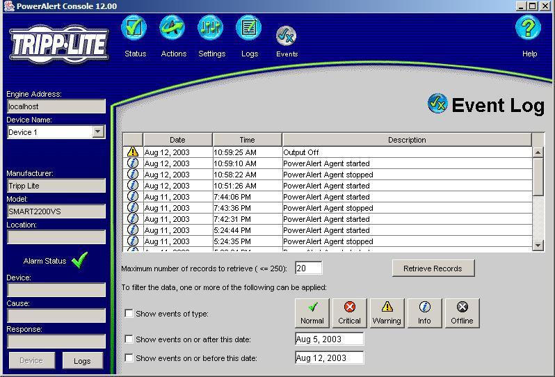 Event Logs Troubleshooting All events are logged to PowerAlert's log database.