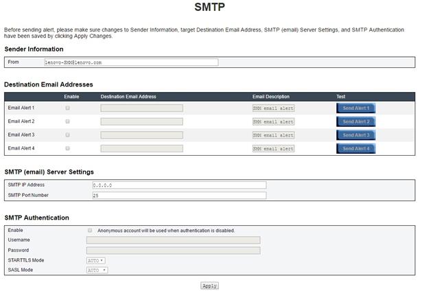 Figure 30. SMTP SMTP: You can enable, configure and test SMTP email alert at this page. Click Send Alert # to test the email alert. Check Global Alerting Enable in PEF page to enable email alerts.