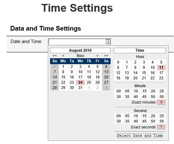 Figure 38. Time Settings Select date and time and apply. Once set, time is always kept even if user restores settings to default or uncheck Preserve Setting during the firmware update.
